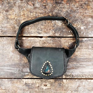 Handmade Waist Pouch, Black Leather Belt Bag, Gemstone Fanny Pack, Tribal Leather Belt Bag, Festival Belt Bag, Boho Waist Pouch,