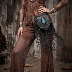 Handmade Black leather Waist Bag with tassels Adjustable belt, Pouch, Hip Bag, Festival fanny bag For unisex