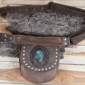 Handmade Leather  pocket Waist Belt Bag with real gemstone, Festival Fanny Pack, Leather Hip Bag, Gift for her