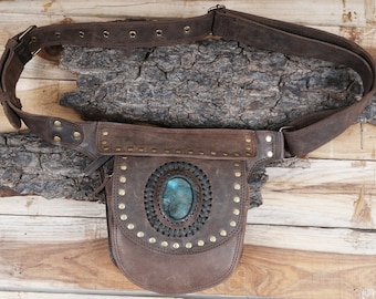 Handmade Leather  pocket Waist Belt Bag with real gemstone, Festival Fanny Pack, Leather Hip Bag, Gift for her