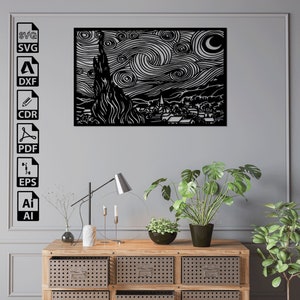 Archivos SVG DXF cortados con láser de la noche estrellada de Van Gogh: Cricut, CNC, arte de pared, vector, plantilla, grabado, descarga instantánea