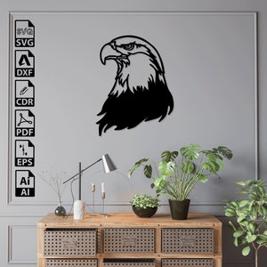 May include: Black metal eagle head wall decor with a detailed design. The eagle is facing left and has a sharp beak. The image includes a list of file formats: SVG, DXF, CDR, PDF, EPS, and AI.