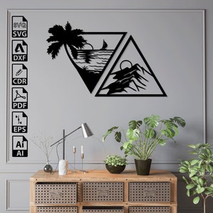 Palmera, sol, océano, montaña, árbol, archivos SVG DXF cortados con láser: Cricut, CNC, arte de pared, vector, plantilla, grabado, descarga instantánea