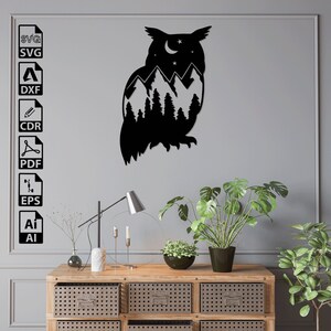 Eule Berg Baum Mond Laser-Schnitt SVG-DXF-Dateien - Cricut, CNC, Wandkunst, Vektor, Vorlage, Gravur, Sofort-Download
