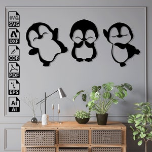 Archivos SVG DXF cortados con láser de animales bebés pingüinos: Cricut, CNC, arte de pared, vector, plantilla, grabado, descarga instantánea