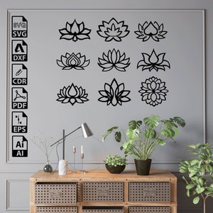 File SVG DXF tagliati al laser di fiori di loto – Cricut, CNC, Wall Art, Vettore, Modello, Incisione, Download immediato