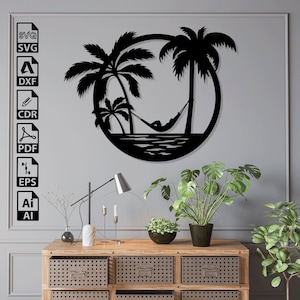 Archivos SVG DXF cortados con láser de palmeras en la playa: Cricut, CNC, arte de pared, vector, plantilla, grabado, descarga instantánea