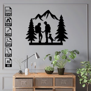Berg Paar Liebe Hund Laser geschnitten SVG DXF Dateien - Cricut, CNC, Wand Kunst, Vektor, Vorlage, Gravur, Sofort Download