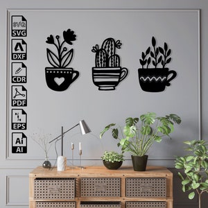 Vaas bloemen cactus mok lasergesneden SVG DXF-bestanden – Cricut, CNC, kunst aan de muur, vector, sjabloon, gravure, Instant Download