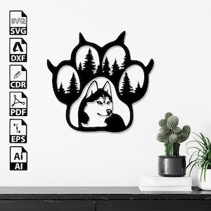 Archivos SVG DXF cortados con láser con forma de pata de perro y árbol: Cricut, CNC, arte de pared, vector, plantilla, grabado, descarga instantánea