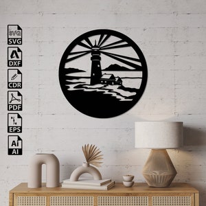 Lighthouse Ocean Scene Laser Cut File: SVG DXF CNC Wall Art (Digital Download)