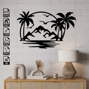 Archivos SVG DXF cortados con láser de palmeras y puesta de sol en la montaña: Cricut, CNC, arte de pared, vector, plantilla, grabado, descarga instantánea