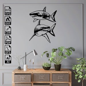 Shark Ocean laser cut svg dxf files wall sticker engraving decal template paper cnc cutting router digital vector prints download