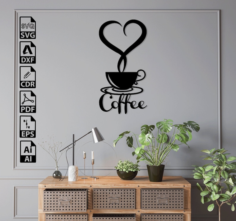 May include: Black metal wall art featuring a coffee cup with a heart-shaped steam rising from it. The word "Coffee" is written in a stylized font below the cup.