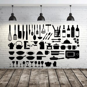 May include: A black and white illustration of various kitchen utensils and tools, including a whisk, spatula, knives, measuring cups, wine bottles, coffee beans, and a microwave. The illustration is on a white brick wall with the words "SVG", "DXF", "CDR", "PDF", "EPS", and "AI" written in black.