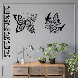 Bloemen maan vlinder lasergesneden SVG DXF-bestanden – Cricut, CNC, muurkunst, vector, sjabloon, gravure, Instant Download