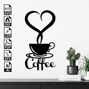 May include: Black and white silhouette of a coffee cup with a heart-shaped steam rising from it. The word "Coffee" is written in a stylized font below the cup.