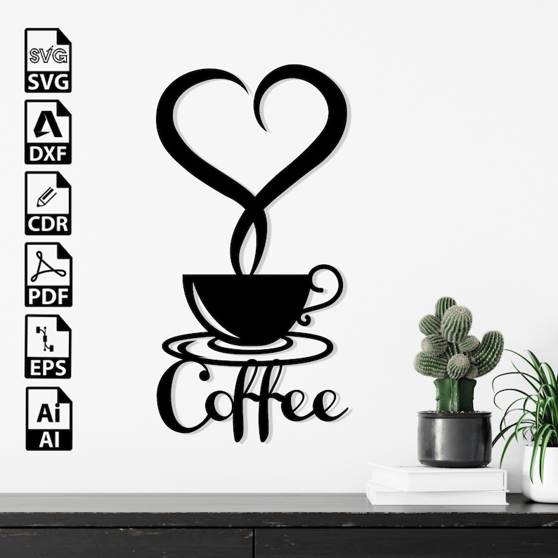 May include: Black and white silhouette of a coffee cup with a heart-shaped steam rising from it. The word "Coffee" is written in a stylized font below the cup.