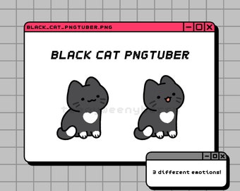 以下が含まれることがあります： 白いハートが胸にある黒い猫が、3つの異なるポーズで描かれています。猫は尻尾を脚に巻き付けて座り、右を見ています。猫は尻尾を脚に巻き付けて座り、左を見ています。猫は尻尾を脚に巻き付けて座り、正面を見ています。画像は、上部に「BLACK CAT PNGTUBER」、下部に「3 different emotions!」というテキストが書かれたウィンドウフレームの中にあります。