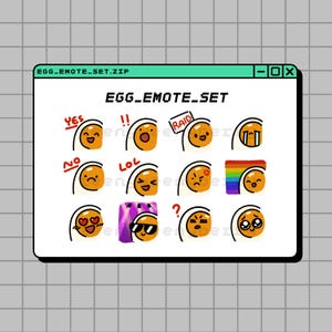 May include: A digital illustration of a computer window displaying an "EGG_EMOTE_SET". The set features various egg-shaped emojis with different expressions, including "YES", "NO", "LOL", and others. The emojis are in a cartoon style.