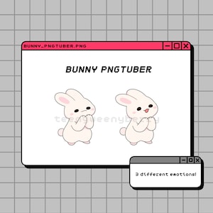 Può includere: Un'illustrazione digitale di un coniglio bianco con diverse espressioni facciali. Il coniglio è mostrato in una finestra del computer con il titolo "Bunny PNGTuber" e il testo "3 different emotions!" in una finestra più piccola sotto.