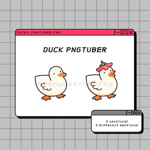 May include: A digital illustration of a white duck with orange feet and a pink flower on its head. The duck is shown in two different poses. The image is in a retro computer window frame with the text "DUCK PNGTUBER" and "2 versions! 3 different emotions!"