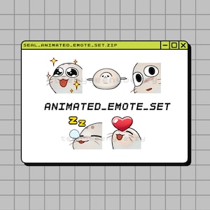 Peut inclure: Une illustration numérique d'un ensemble d'émotes de phoque animés. Les émotes sont dans une fenêtre d'ordinateur avec le titre "SEAL_ANIMATED_EMOTE_SET.ZIP" et le texte "ANIMATED_EMOTE_SET". Les émotes montrent un phoque avec des yeux étincelants, un phoque avec un cœur au-dessus de sa tête, un phoque avec les yeux fermés et une bulle qui sort de son nez, et un phoque avec les yeux grands ouverts.