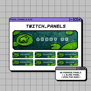 May include: A computer screen displaying a set of 30 premade Twitch panels with a frog theme. The panels include sections for "About Me", "Discord", "Facebook", "Commands", "Credits", and "Emotes". The text "FROG_PANELS.ZIP" and "TWITCH_PANELS" are visible at the top of the screen.