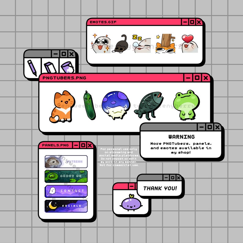 May include: A set of digital illustrations featuring cartoon characters in a Windows-style interface. The illustrations include a cat, a mushroom, a fish, a frog, a panel with the word "Patreon", a panel with the word "Contact", and a panel with the word "Socials". The text "WARNING" is displayed in a separate window, along with the text "More PNGTubers, panels, and emotes available in my shop!"