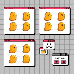 May include: A digital illustration of a computer screen with a folder icon and a pop-up window that says "INSTALL?" with a heart and an X button. The screen is divided into four sections, each with a different image of a chicken nugget with a different facial expression. The expressions are neutral, sad, mad, and happy.