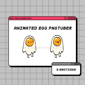May include: A computer screen displaying a cartoon egg with different facial expressions. The text "Animated Egg Pngtuber" and "3 Emotions!" are visible on the screen.