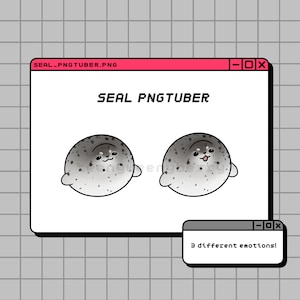 May include: A computer window with the title "SEAL PNGTUBER" and a cartoon seal with different facial expressions. The text "3 different emotions!" is in a smaller window below the main window.