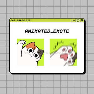 May include: Animated GIF of a cat with a surprised expression, raising its paw in the air, followed by a close-up of a cat paw swiping down. The GIF is titled "CAT_SMACK.GIF" and is labeled "ANIMATED_EMOTE".