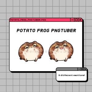 May include: A computer screen displaying a cartoon frog with different expressions. The text "POTATO FROG PNGTUBER" is at the top of the screen. A pop-up window at the bottom of the screen says "3 different emotions!"