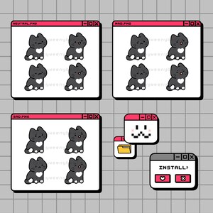 May include: A digital illustration of a computer screen with a folder icon and a pop-up window that says "INSTALL?" with a heart and an X button. There are four black and white cat icons with different expressions in each window.