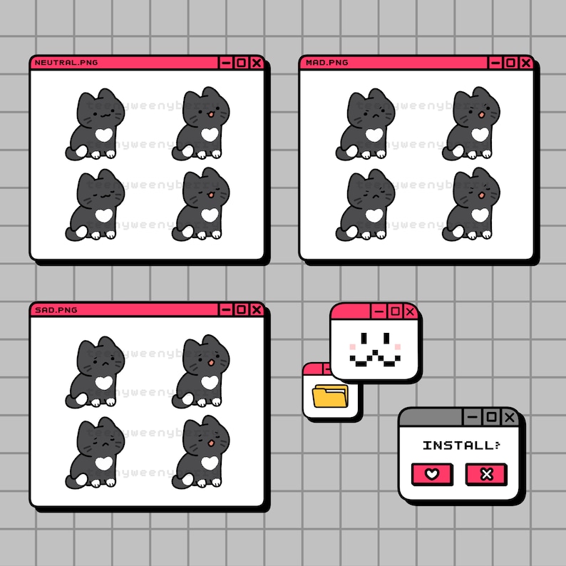 May include: A digital illustration of a computer screen with a folder icon and a pop-up window that says "INSTALL?" with a heart and an X button. There are four black and white cat icons with different expressions in each window.