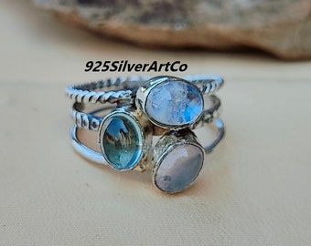 Aquamarine Ring, Moonstone Ring, Rose Quartz Ring, Three Gemstone Jewelry, Aquamarine Silver Ring, Boho Ring, Multi Band Ring, Gifts For Her