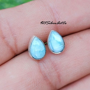 Larimar Pear Stud Earrings: Dainty 925 Sterling Silver
