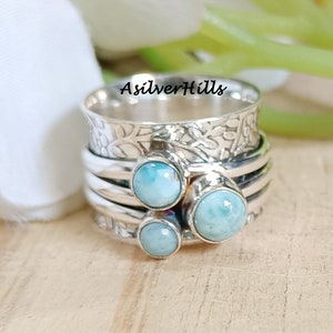 Larimar Spinner Ring: Sterling Silver Flower Design, Multi Stone Jewelry