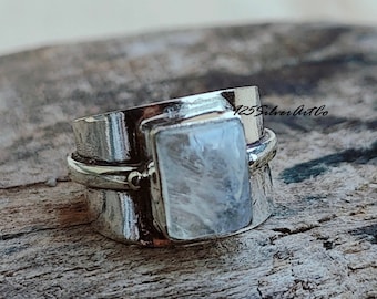 Moonstone Ring, Sterling Silver Ring, Wide Band Statement Ring, Handmade Ring, Thumb Ring, All Purpose Ring, Fire Stone Ring, Moon Boho Ring