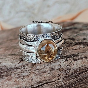Citrine Ring, Designer Ring, Wide Band Ring, Three Band Ring, Citrine Gemstone Ring, Hammered Ring, Perfect Ring, Women Jewelry, Gifts Her
