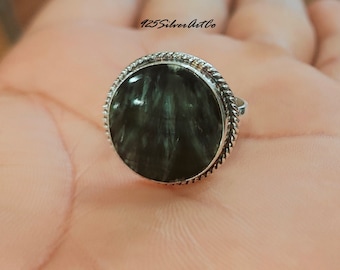 Handmade 925 Silver Seraphinite Ring: Boho Gemstone Band