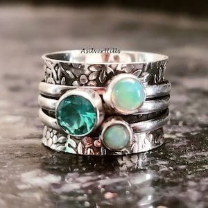 Opal Spinner Ring, 925 Sterling Silver Ring, Blue Topaz Ring, Three Stone Spinner Handmade Ring, Women Ring, Spinner Ring, Gemstone Jewelry