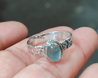 Aquamarine Ring, Flower Band Ring, Oval Aquamarine Jewelry, Handmade Band Ring, Silver Ring, Gift For Her, Stackable Ring, Wedding Tiny Ring