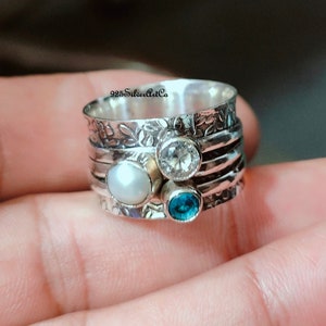 Pearl Spinner Ring, 925 Silver Ring, Meditation Ring, Quartz Spinner, Handmade Boho Ring, Blue Topaz Ring Three Stone Spinner Ring For Women