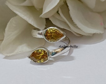 Pear Citrine Ring: Adjustable 925 Silver Handmade Boho Ring