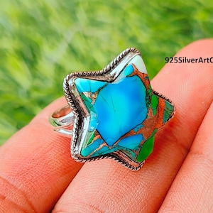 Peacock Dahlia Turquoise Star Design Ring, Peacock Dahlia Gemstone Silver Ring, Ring Jewelry For Women, Antique Ring, Dahlia Gift Jewelry
