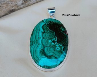 Pendentif malachite en argent sterling fait main : bijoux ovales en pierres précieuses