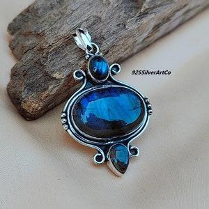 Blue Labradorite Pendant: Vintage Boho 925 Sterling Silver Jewelry