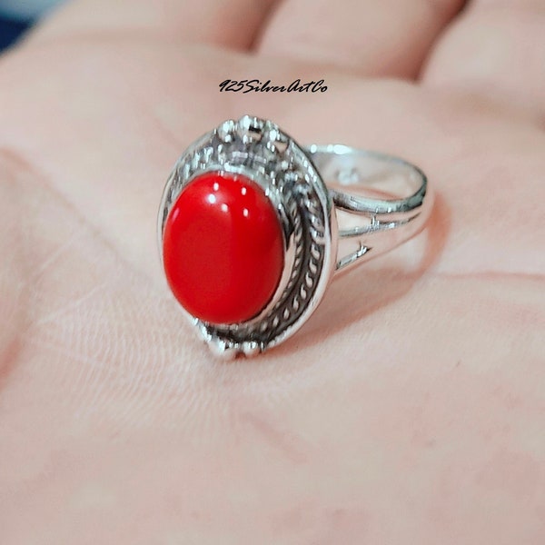 Red Coral Ring, Designer Ring, 925 Sterling Silver, Split Band Coral Ring, Oval Coral Jewelry, Wedding Ring, Gifts For Mother Coral For Gift